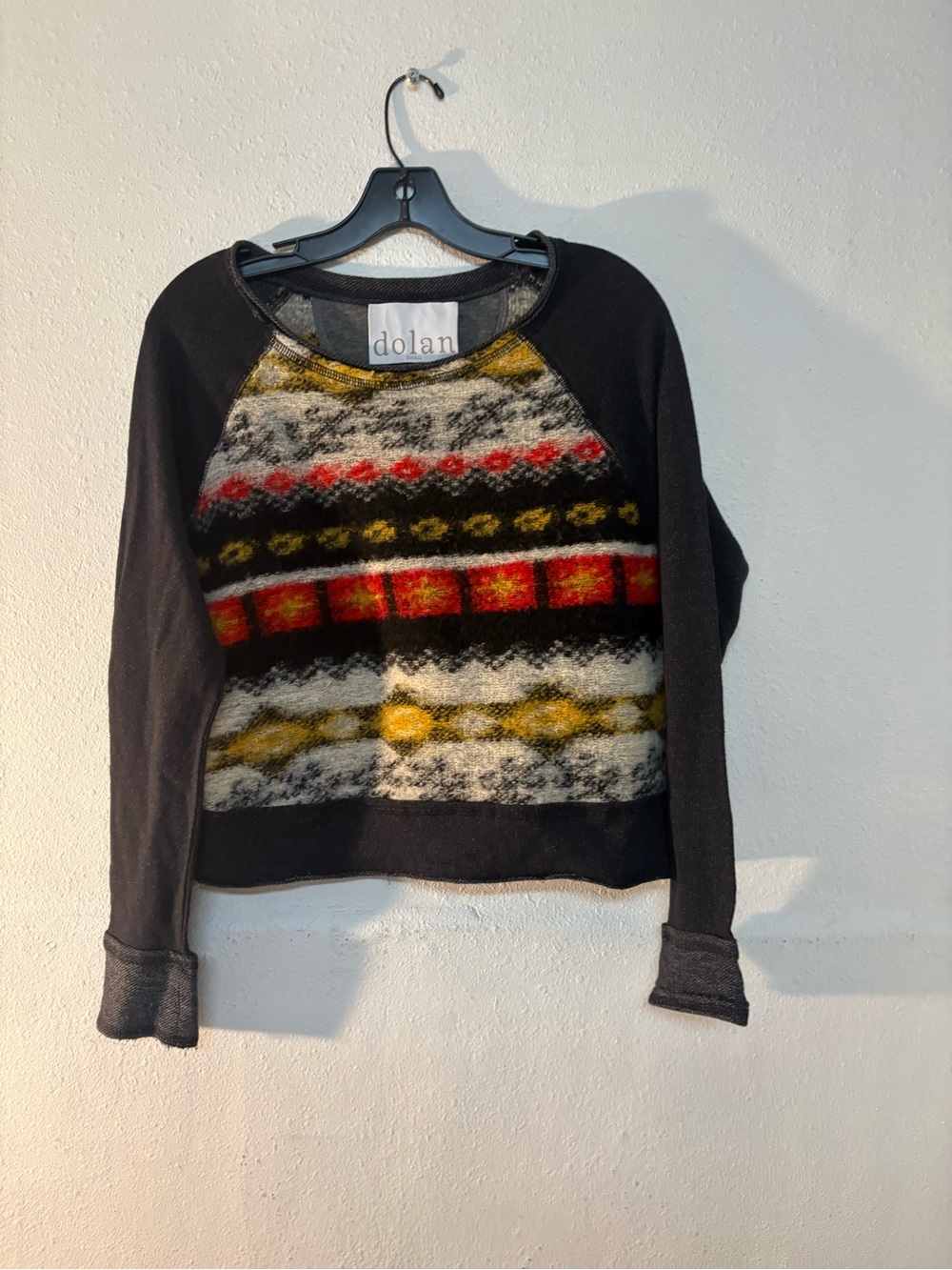 dolan Black Crewneck Sweater with Multicolor Fair Isle Panel